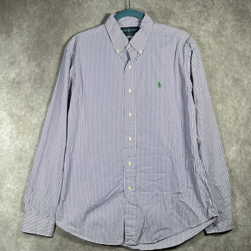 Ralph Lauren Shirt Mens Large Purple White Striped Button Down Custom Fit Casual